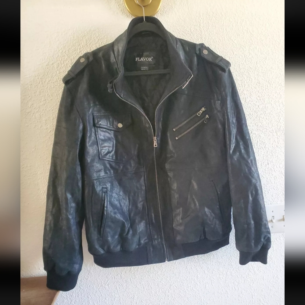 FLAVOR Men Black Leather Motorcycle Jacket- Size XL-Missing Hood